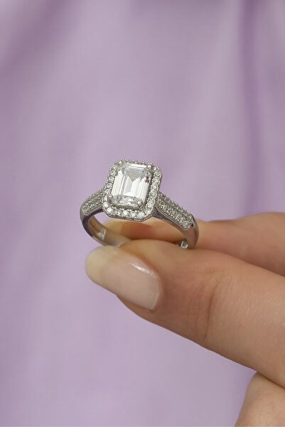 ALYANSEVİM Zirkon Taşlı Baget Tektaş Gümüş Bayan Yüzük