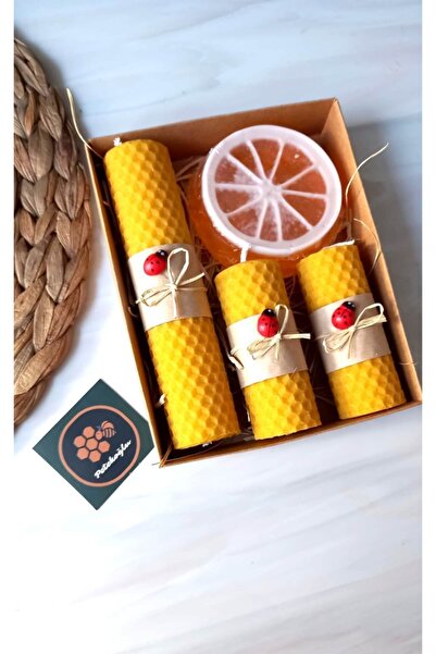 Petekoğlu Bal Mumu Asetat Kapaklı Kraft Kutu Içerisinde El Yapımı Sabun Ve Balmumu Mum Seti