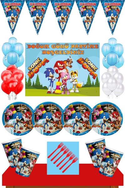 Parti Furyası مجموعة مستلزمات حفلات عيد الميلاد سونيك بوم المكونة من 16 شخصًا مع لافتات باللون الأحمر