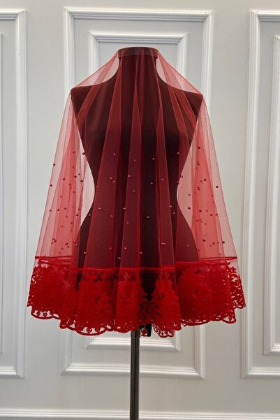 ZEYMERADE Kırmızı İncili Flok Baskı Simli Gelin Duvağı Seti