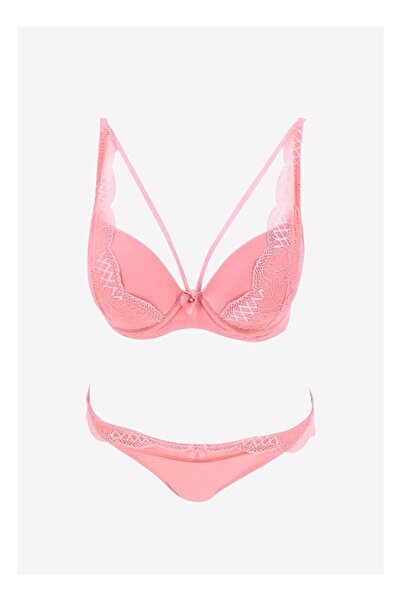 MasmaviMilla Γυναικείο Σετ Σουτιέν Push-up με Ροζ Δαντέλα και Μαλακό Εσωτερικ...