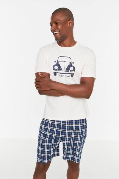 Trendyol Collection Μπεζ Regular Fit Print Λεπτομερή Σετ Πιτζάμες Σορτς THMSS21PT0329