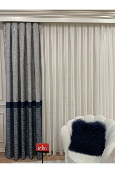 Brillant Keten Zemin Ekose Desen 1/2,50 Pile Fon Perde