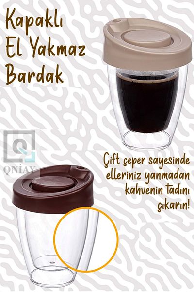 QNİAY كوب قهوة اسبريسو مزدوج الجدار مع غطاء كوب ميكا مقاوم للحريق للمنزل والمكتب والتخييم والسفر