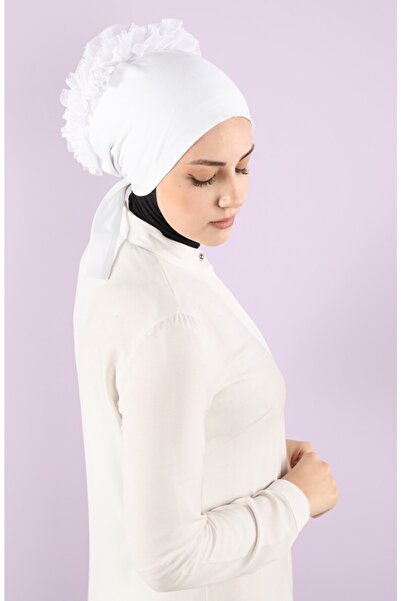 Ervanur Penye Önü Dikişsiz Arkadan Bağlamalı Topuz Dantelli Fırfırlı Tesettür...