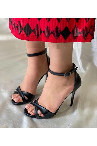sweet girl Black Cross Single Strap High Heeled Women's Evening Dress - Thin Pointed Shoes with Ankle Laces