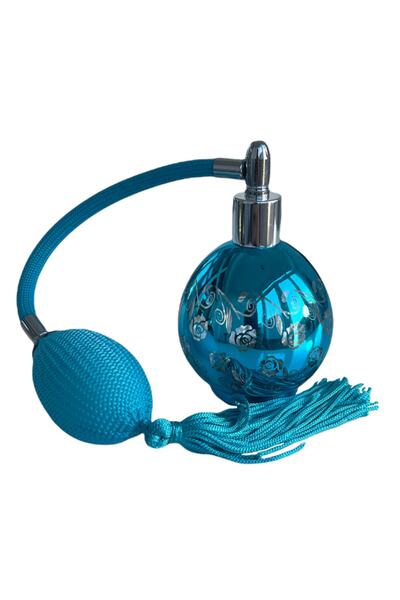 misslale esans Doldurulabilir Mavi Gül Desenli Pompalı Cam Parfüm Şişesi 80 cc