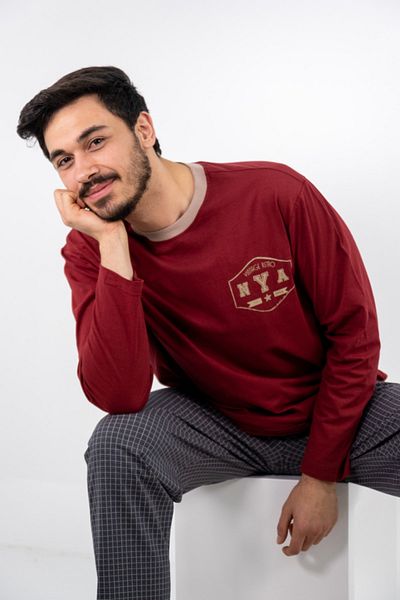 Nur Aka by Nurteks Streamer Printed Claret Red Long Sleeve 100% Cotton Plus Size Pajama Set