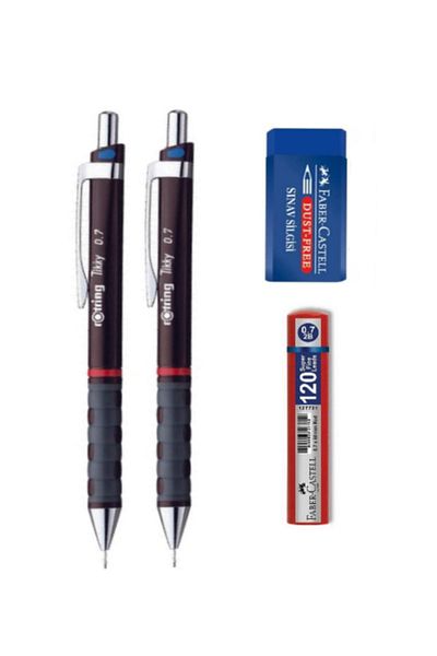 Rotring 2 Pack Claret Red Tikky 0.7 Tip Versatil Pen - 1 Piece Medium Size Exam Eraser - 1 Piece 120 Min Tip Red
