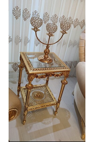 EL YAPIMI Altin Varak Kodiva Kare Oymalı Yan Sehpa