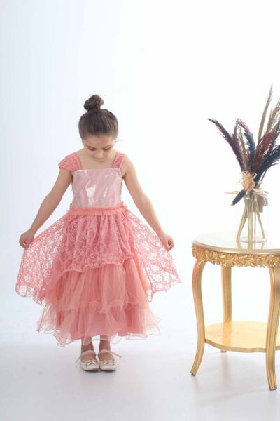 ÖFİ Kids Kız Uzun Gül Kurusu Askılı Pul Payetli Güpürlü Kat Kat Şık Abiye