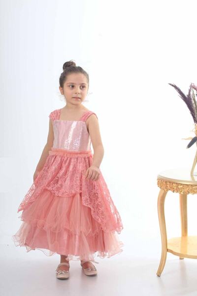 ÖFİ Kids Kız Uzun Gül Kurusu Askılı Pul Payetli Güpürlü Kat Kat Şık Abiye