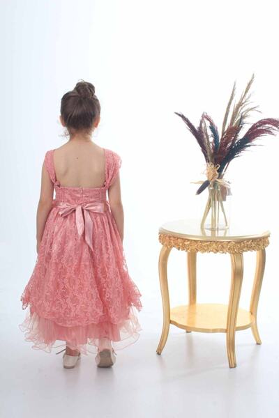 ÖFİ Kids Kız Uzun Gül Kurusu Askılı Pul Payetli Güpürlü Kat Kat Şık Abiye