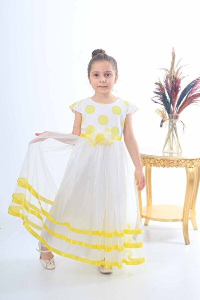 ÖFİ Kids Kız Sarı Puantiyeli Kısa Kollu Uzun Tüllü Şık Beyaz Abiye
