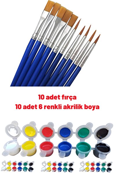 O&S Oyun ve Sanat Eğlen-Üret 10 Adet Yağlı Boya Akrilik Fırça, 10 Adet Akrilik Boya (5ER ML 6ŞAR RENKLİ)