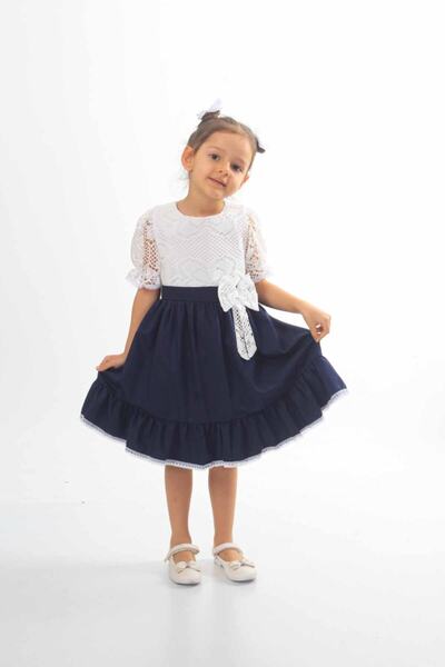 ÖFİ Kids فستان بناتي أنيق بأكمام قصيرة مزين بالدانتيل والدانتيل