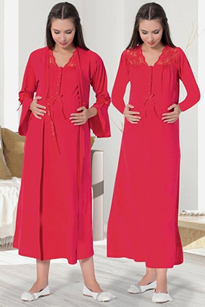 quilling Kırmızı Renk Jnk-26525 Sabahlıklı 2 Parça Lohusa - Hamile Gecelik Takım