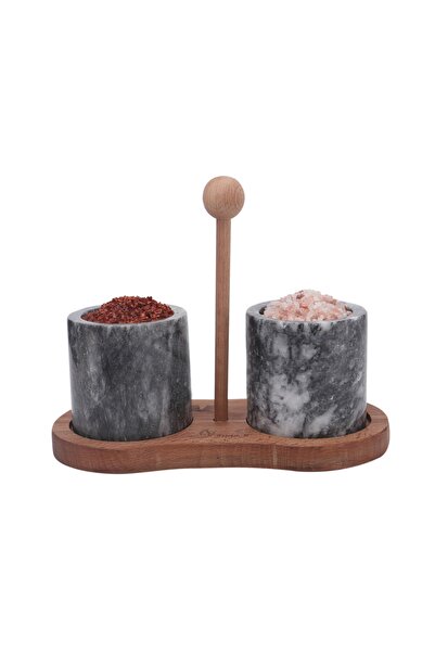 Kenpool Verde Marble Spice Rack 2-Piece Spice Set with Wooden Stand Marble Sp...