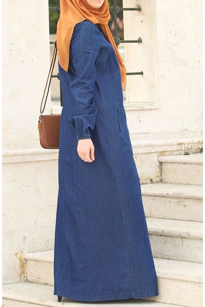suhneva Robe Buttoned Hijab Denim Dress Navy Blue