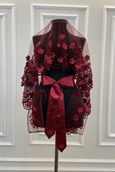 ZEYMERADE Bordo Üç Boyutlu Lüks Gelin Duvak Seti, Simli Incili Lazer Kesim Çi...