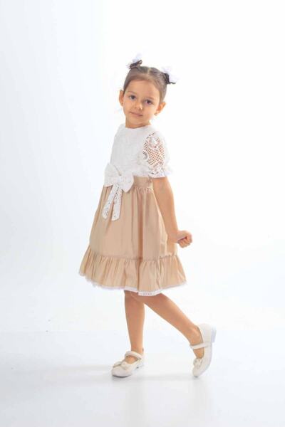 ÖFİ Kids فستان بناتي أنيق بأكمام قصيرة مزين بالدانتيل والدانتيل