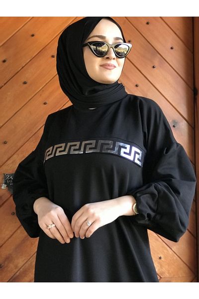 AYSUN AYDEMİR Black Silver Detailed Maxi Balloon Sleeve Hijab Dress