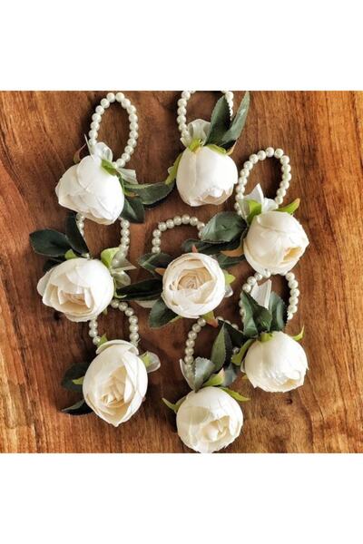 Yumak Dekor Grup Beyaz Çiçekli Incili Nedime Bilekliği 10 Adet Bileklik Gelin...