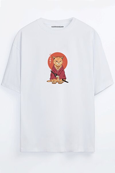 Harmandar Tricou oversize unisex negru - alb cu imprimeu Anime Samurai Cat