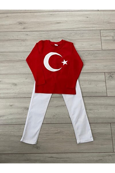 durumod Kırmızı Türk Bayrağı Uzun Kol Tişört Beyaz Pantolon Alt Üst Takım