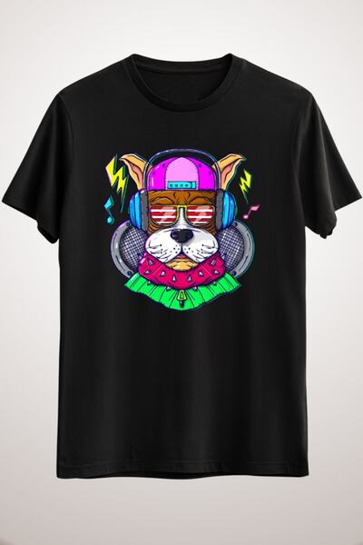 GreenMint للجنسين أسود مجنون مضحك الموسيقى التي شيرت كلب الموسيقى مع سماعة الرأس