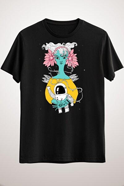 GreenMint تيشيرت موسيقى كوزموس أسود للجنسين موسيقى في سماعات لوتس