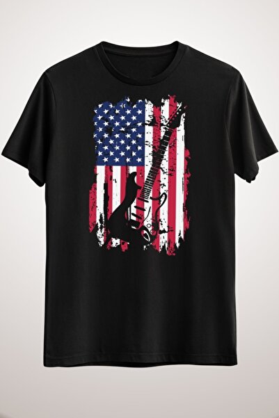 GreenMint قميص جيتار كهربائي بعلم أمريكا أسود للجنسين