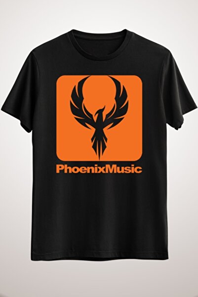 GreenMint تيشيرت موسيقى فينيكس أسود للجنسين بشعار موسيقى برتقالي
