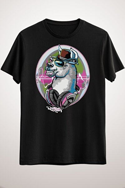 GreenMint تيشيرت لاما أسود للجنسين مع قبعة بولر وسماعات موسيقى