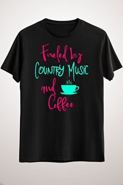 GreenMint تيشيرت موسيقى ريفي أسود للجنسين مع اقتباس موسيقى وقهوة