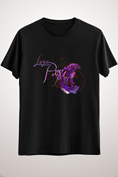 GreenMint تيشيرت للجنسين باللون الأسود الحب والسلام والموسيقى (أرجواني مشمس)