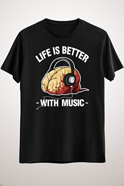 GreenMint تيشيرت موسيقى أسود للجنسين، سماعات رأس موسيقية