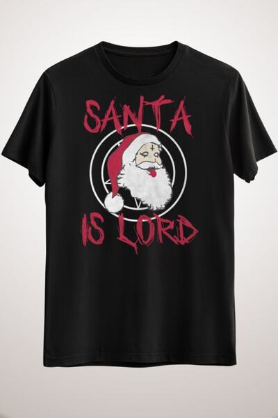 GreenMint تيشيرت موسيقى معدني مضحك للجنسين باللون الأسود من Santa Is Lord - ت...