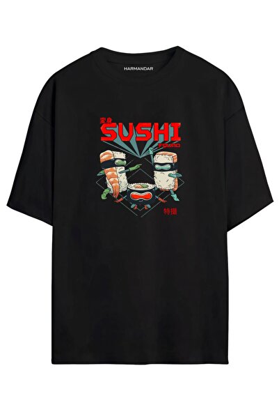 Harmandar Tricou oversize unisex negru - alb cu imprimeu Anime Sushi Ninja Squad