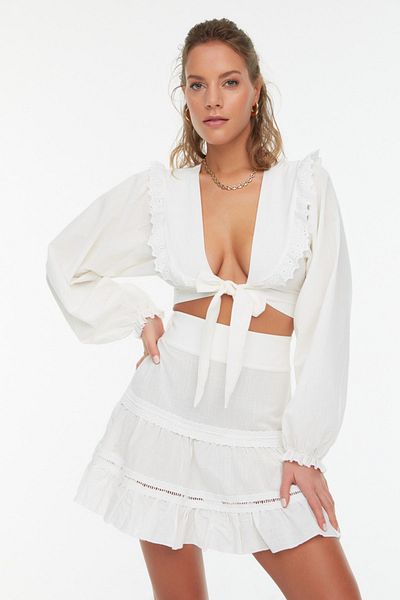 Trendyol Collection Біла вишивка детальна пляжна блузка пляжна спідниця набір TBESS22AU0105