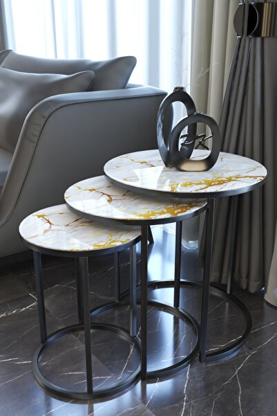 Puklife Ceylin 3lü Zigon Sehpa Takımı Siyah Renk Metal Ayak - Temperli Cam