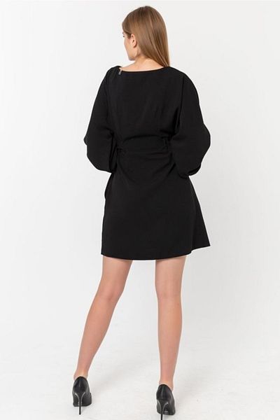 OYYA Women's Black Elastic Waist Balloon Sleeve Crepe Dress Yy101017
