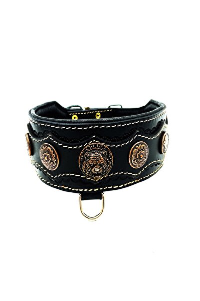 Tasma Market Siyah Kaplan Başlı Yumuşak Dokulu Özel Tasarım Deri Köpek Tasması