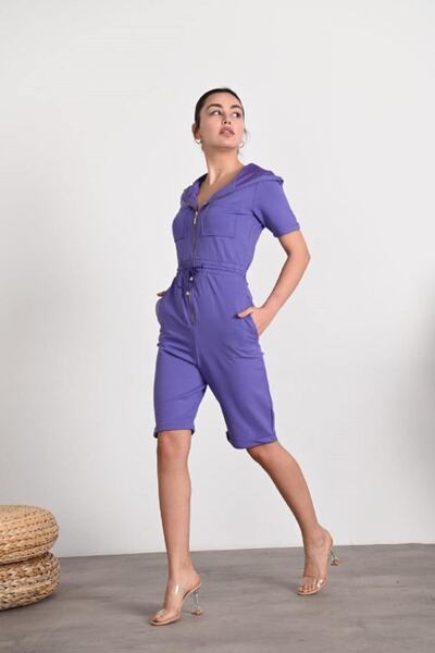 Koza Butik Salopetă mov cu mânecă scurtă și curea cu frânghie