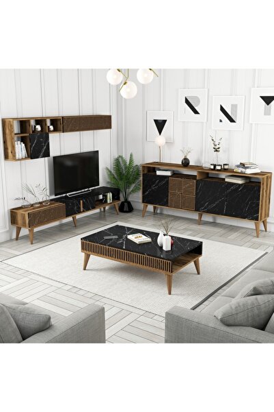 Variant Mobilya Milan 3 Lü Salon Takımı - Ceviz / Siyah Mermer