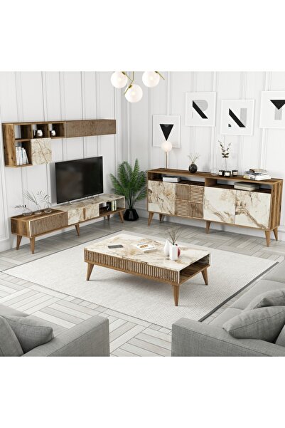 Variant Mobilya Milan 3 Lü Salon Takımı - Ceviz / Beyaz Mermer