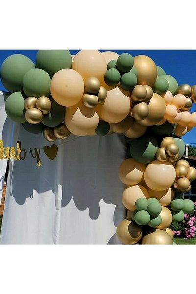 MERİ PARTİ Pastel Mold Green, Skin Color and Gold Chrome Balloon Chain 100 Pieces