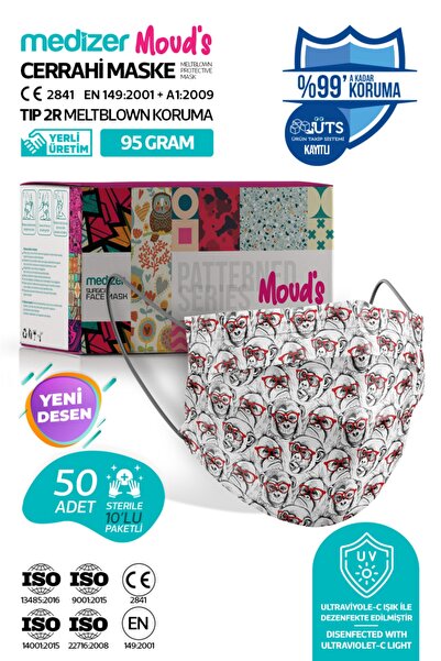 Medizer Sevimli Maymun Desenli Cerrahi Maske Meltblown Kumaş - 50 Adet