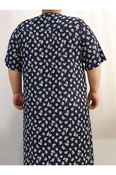 Mertcan Butik Rochie din vascoză din bumbac pieptănat cu model de flori alb bleumarin adunat din față și din spate
