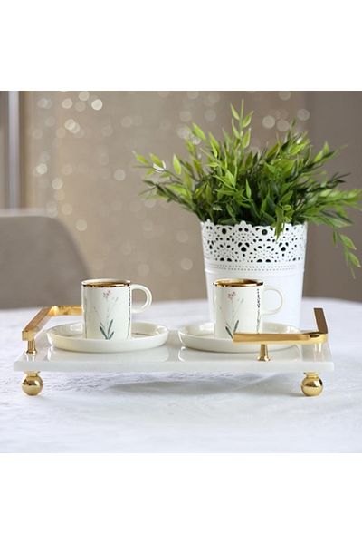 Akayev Marble White Gold Bead Leg L Design 30x20 Cm Tray